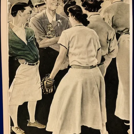 Prompt: 1946 baseball game, small town America, women in suits, women players, drawn by Norman Rockwell