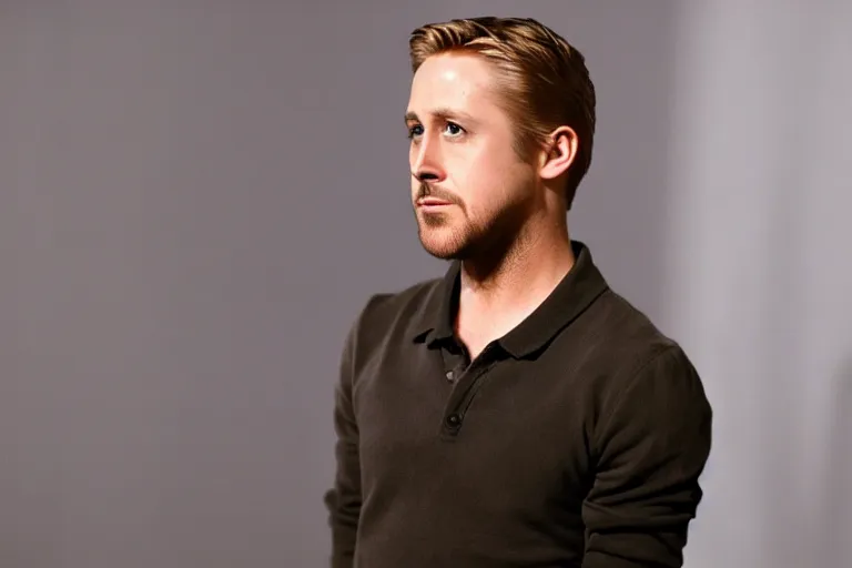 Prompt: 2 0 0 0 s footage of ryan gosling standing in a dimly lit empty room