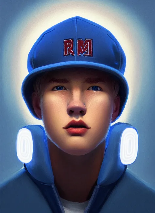 Image similar to portrait of high school senior boy named big moose, blonde short hair, jock, beefy, wide face, square jaw, square facial structure, blue varsity jacket with letter r, intricate, elegant, glowing lights, highly detailed, digital painting, artstation, concept art, sharp focus, illustration, art by wlop, mars ravelo and greg rutkowski