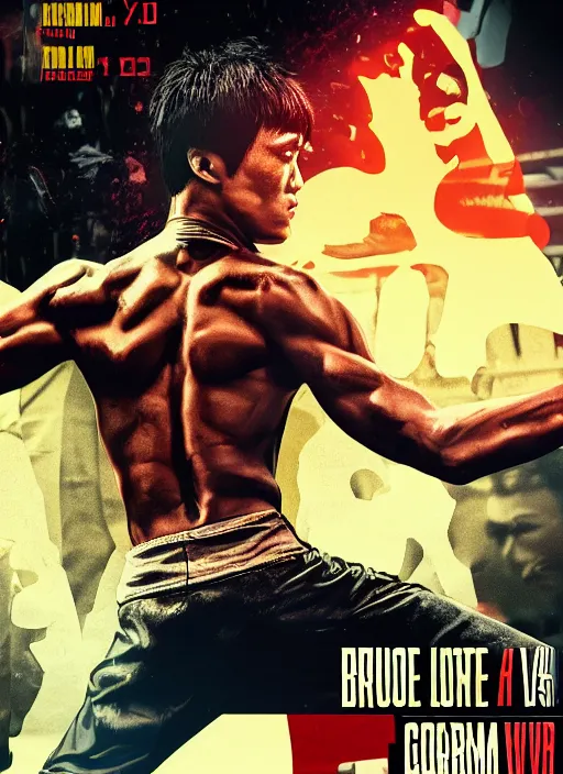 Image similar to Film poster Bruce lee fights VS cyborg terminator, full body, detailed and realistic, 4k, filmic render