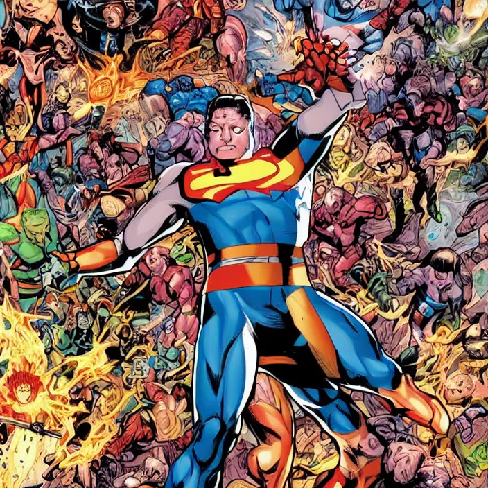 Image similar to comic book artwork of Universe Man being reborn in many different and unique ways