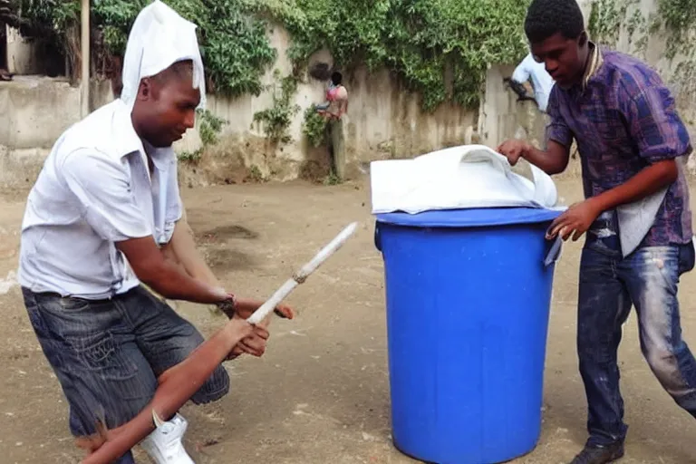 Prompt: a guy putting a dustbin over the head of a girl