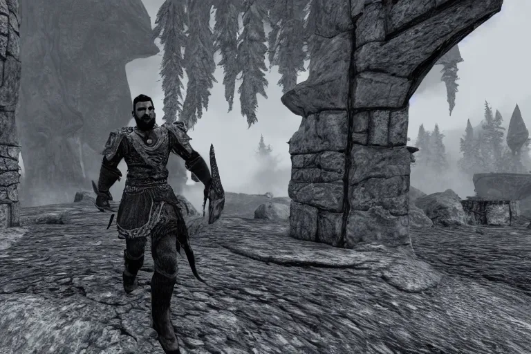 Image similar to gigachad in skyrim, ingame screenshot, black and white, high detailed