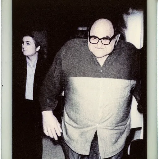 Image similar to A creepy polaroid photo of Danny Devito chasing you down a hallway