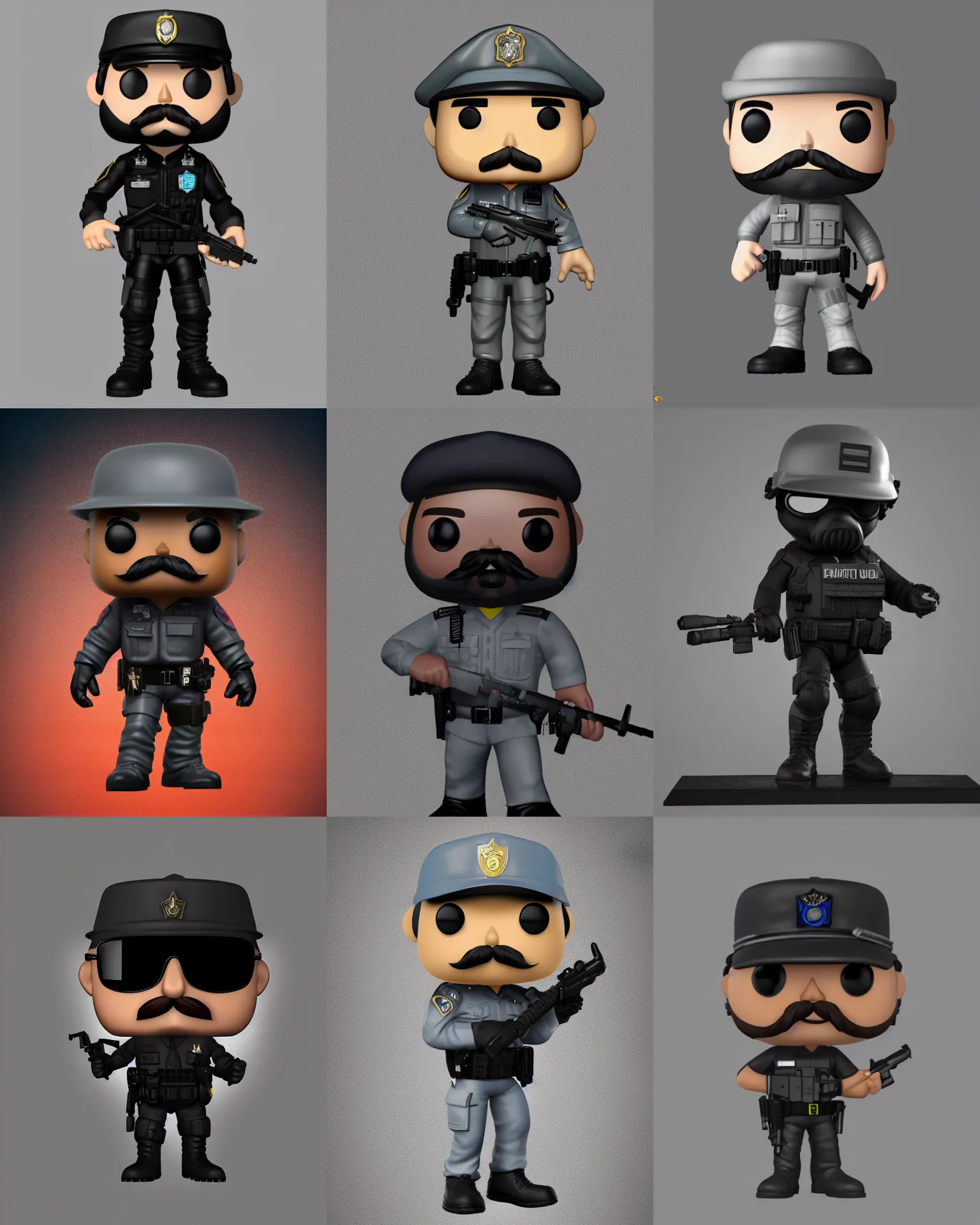 Prompt: full body 3 d render of swat officer with mustache as a funko pop!, studio lighting, grey background, single body, no shadow, blender, trending on artstation, 8 k, highly detailed