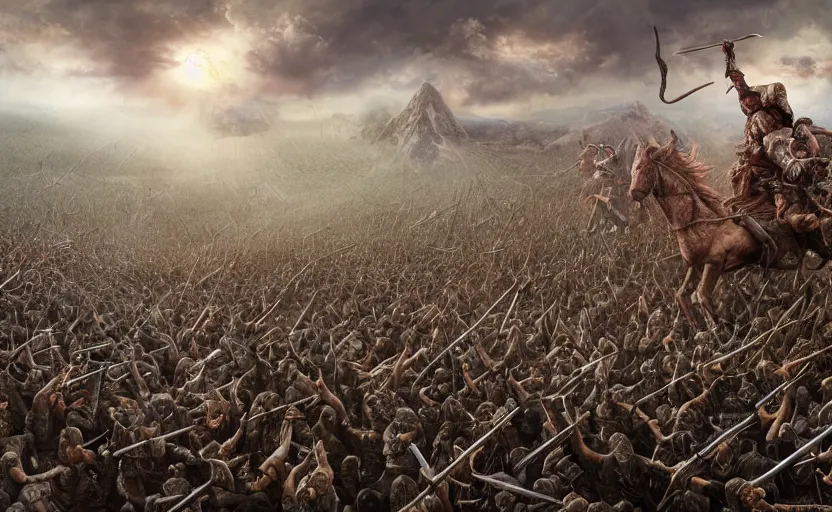 Prompt: realistic photograph of the battle of the pelennor fields, detailed, by erwin olaf, joop geesink, lisa frank, hr giger, beksinski, brian froud, 8 k resolution, beautiful lighting, studio light, extremely detailed, establishing shot, realistic materials, hyperrealistic