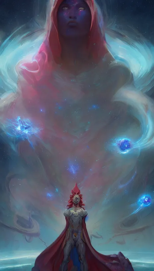 Image similar to god with a cape, epic scene, colors, holy, full body, galaxy, and, stars, atmosphere, unreal engine, pixar, video game, ethereal, insanely, detailed, volumetric, symmetrical, concept art, peter mohrbacher, charlie bowater, unreal engine, artstation, cinematic, video game, digital painting, artist maena