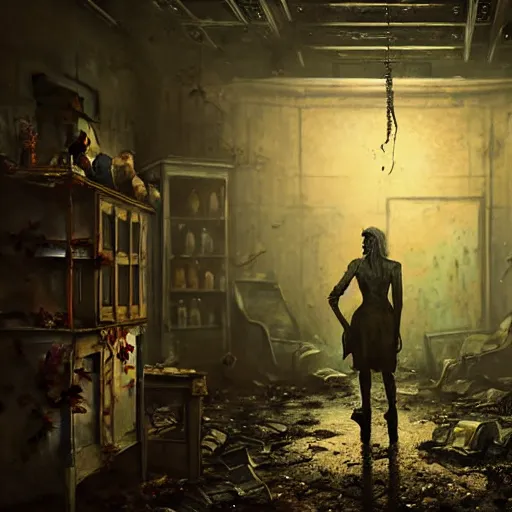 Image similar to fallout 5, shopkeeper angry bloody horror zombie, portrait, indoors dilapidated store interior, atmospheric lighting, painted, intricate, volumetric lighting, beautiful, daytime, overcast weather, sharp focus, deep colours, ultra detailed, by leesha hannigan, ross tran, thierry doizon, kai carpenter, ignacio fernandez rios