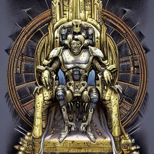 Prompt: illustration. the god emperor on his golden throne. 4 0 k. body horror. in the style of giger.