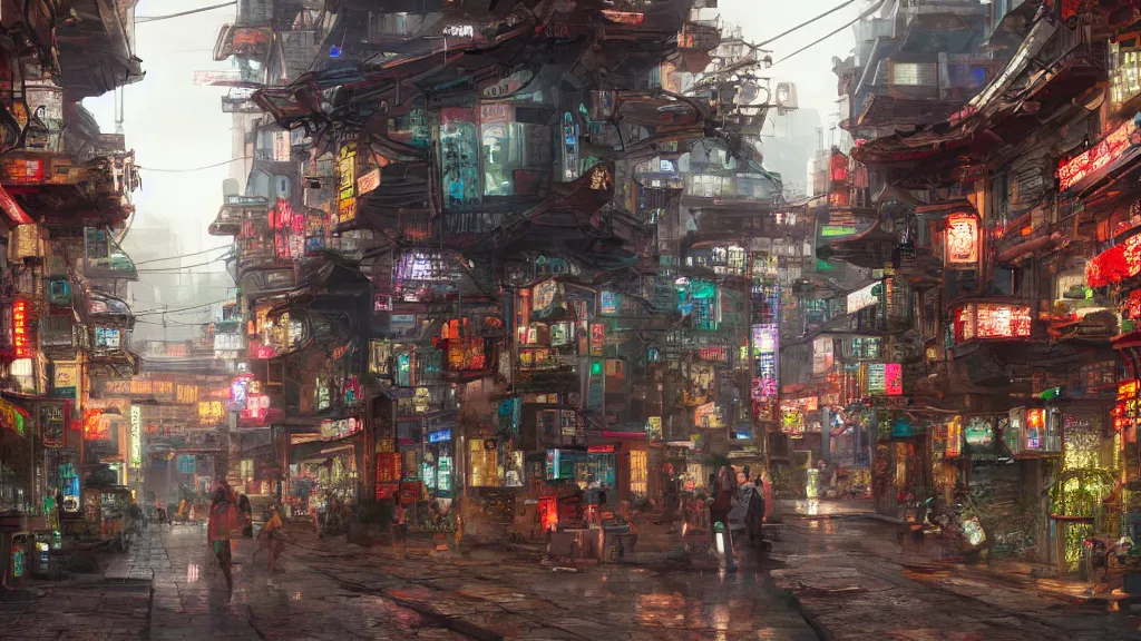 Image similar to oriental, cyberpunk village, concept art, hyperrealistic, highly detailed, 4 k hd