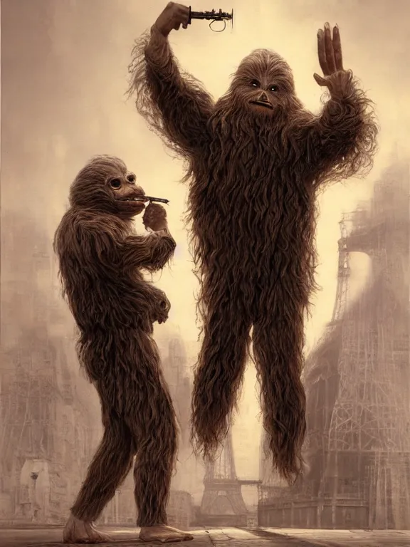 Prompt: rich evans and mike stoklasa save george lucas from a crackhead wookie in 1 9 3 0 s paris, hyperrealistic, 4 k, ultra detailed, intricate detail, octane render, photorealistic, art by zdzisław beksinski