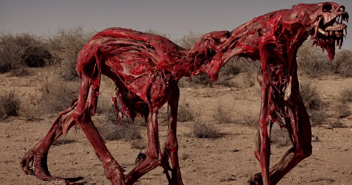 Image similar to in the desert a bloody gross horrifying creature made of muscle and bone and blood stares at the camera, eating, mid day, 35mm photography, realistic,