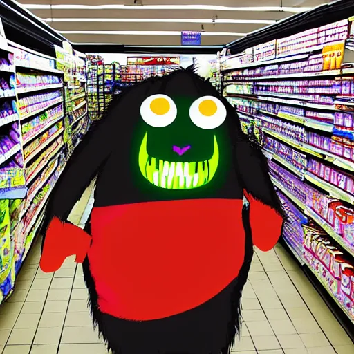 Image similar to scary monster big chungus in a grocery store, vhs, horro