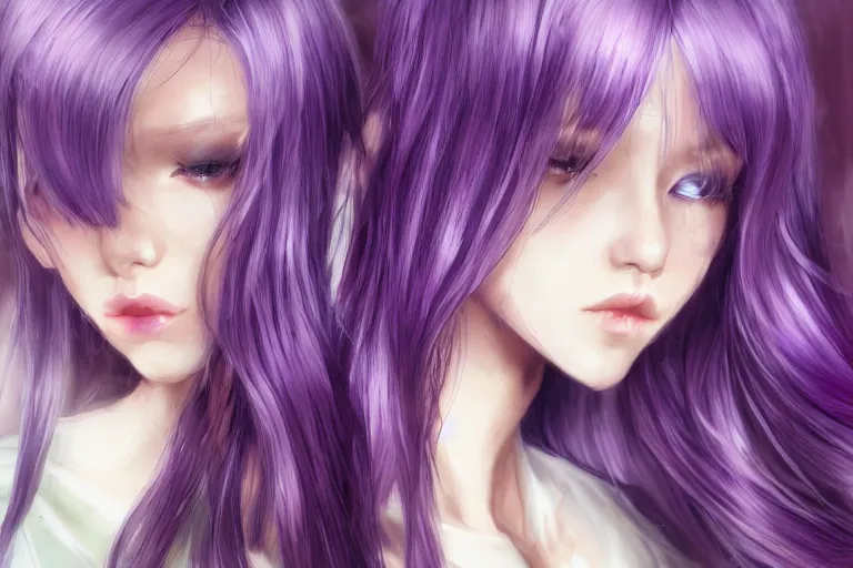 Image similar to A girl who's hair is light-silvery with a tint of purple, waist-length. orchid purple eyes. Elf ears Her skin is Ivory White pixiv artist WLOP artstation artist Mam BA artstation real photo very detailed