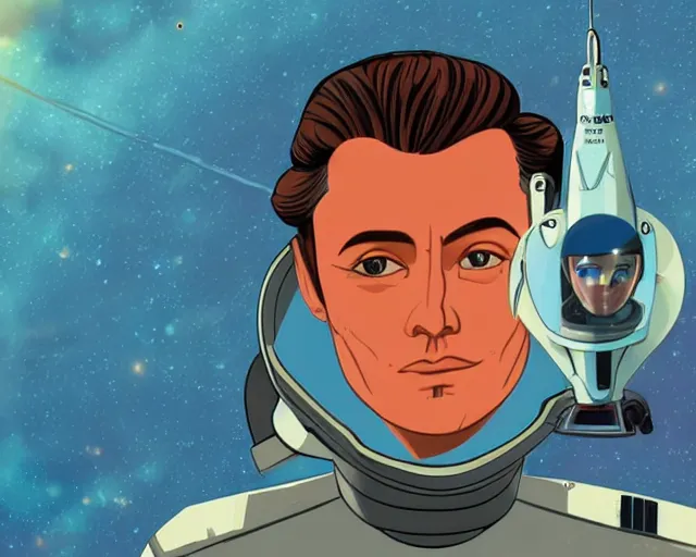 Prompt: a headshot head shot portrait of Alain Delon pilot in spacesuit posing on field forrest spaceship station landing laying lake artillery outer worlds shadows in FANTASTIC PLANET La planète sauvage animation by René Laloux