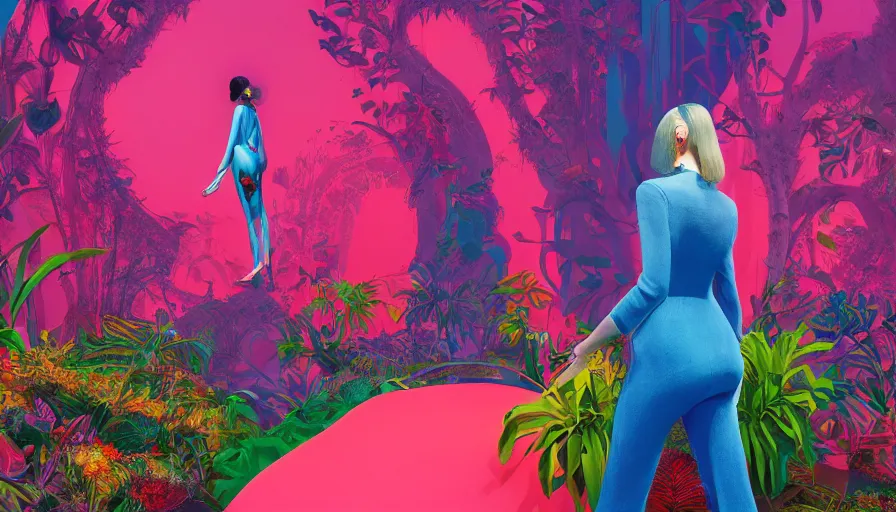 Prompt: a vibrant dream of one beautiful girl wearing gucci balenciaga from behind exploring a museum of the world's best immersive digital art experiences, lush plants, interactive art, glowing lights, high fashion, magic details, by moebius, edward hopper, james gilleard, and james jean, hd, 8 k, trending on artstation, uhd,