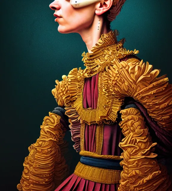 Image similar to colour caravaggio style photography of highly detailed beautiful woman with 1 0 0 0 years perfect face and wearing detailed ukrainian folk costume designed by taras shevchenko also wearing highly detailed retrofuturistic sci - fi neural interface designed by josan gonzalez. many details in style of josan gonzalez and mike winkelmann and andgreg rutkowski and alphonse muchaand