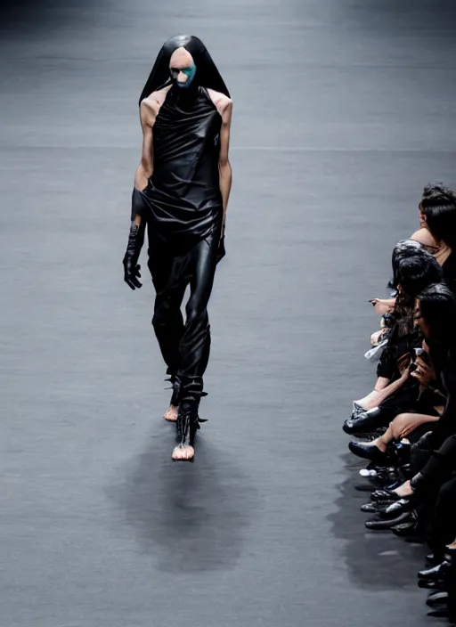 Image similar to hyperrealistic and heavy detailed rick owens avant garde runway show of batman, leica sl 2 5 0 mm, vivid color, high quality, high textured, real life