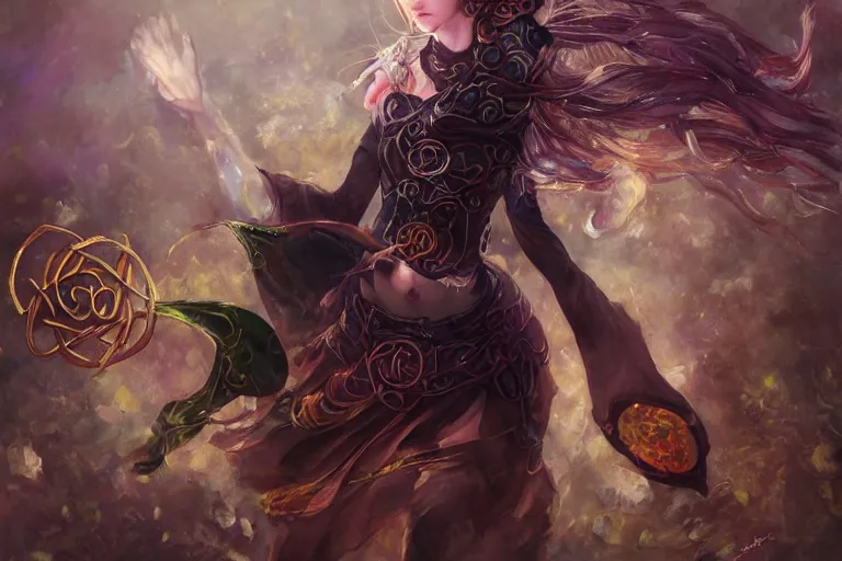 Prompt: celtic catgirl mage casting a spell, expressive oil painting, digital art, trending on artstation, highly detailed, by Yoshitaka Amano