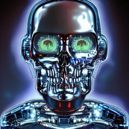 Image similar to extremely detailed portrait of a terminator's head, packed with cybernetics and and borg enhancements and has lit optic fibers inside. In a forest with bokeh. No plating.