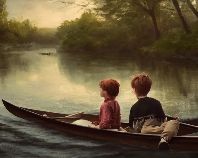 Image similar to a boy and a girl with long flowing auburn hair sitting together on the rowboat. Boy has black short hair, boy has black short hair. Atmospheric lighting, long shot, romantic, boy and girl are the focus, trees, river. Oil Painting, Trending on Artstation, octane render, Insanely Detailed, 8k, HD