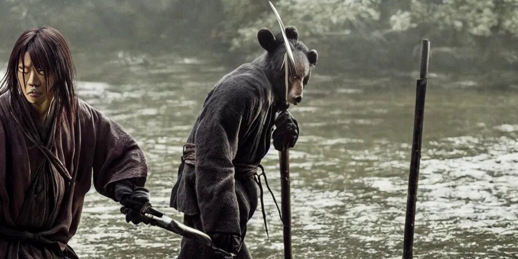 Image similar to scene from Rurouni Kenshin Origins, 2012, movie still, cinematic, anthropomorphic, half man half asian black bear, black bear samurai, Moon Bear Samurai, epic, samurai