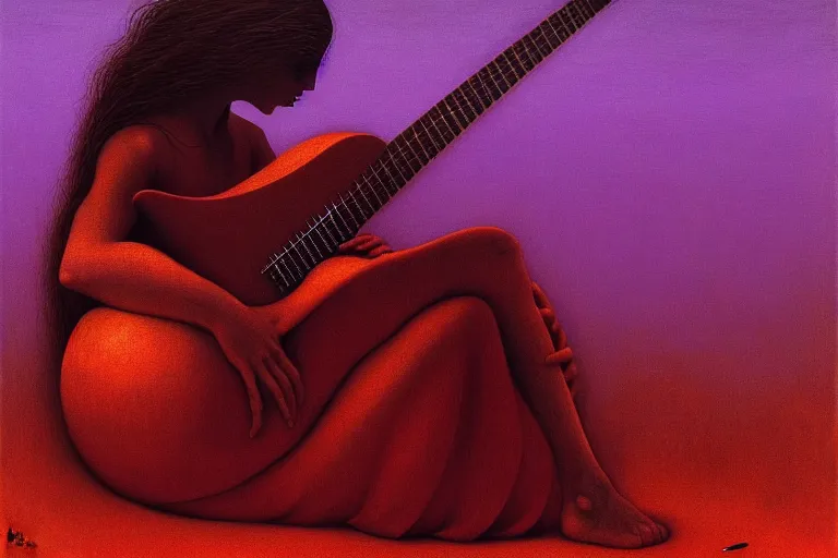 Prompt: the girl plays the guitar, in the style of beksinski, parts by jabłonski, futuristic dystrophia, intricate and epic composition, purple by caravaggio, insanely quality, highly detailed, masterpiece, purple light, artstation, 4 k