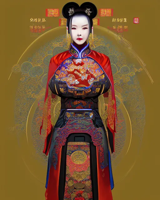 Image similar to portrait of a chinese cyberpunk machine, machine face, robed, upper half portrait, decorated with chinese opera motifs, regal, asian, fine china, wuxia, traditional chinese art intricate intense elegant 京 剧 highly detailed digital painting artstation concept art smooth sharp focus illustration, art by artgerm and greg rutkowski alphonse mucha 8 k