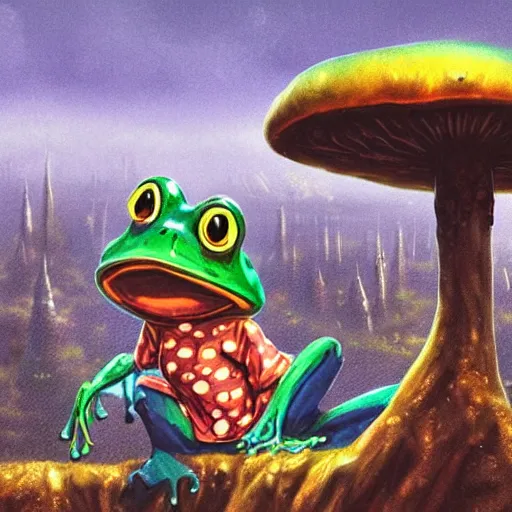 Image similar to A close up portrait of a scary godlike anthropomorphic frog smoking an anime cigarette , magic mushroom village in background . award winning. superb resolution. in the art style of junji Ito and greg rutkowski . Detailed Mushroom city in background. Hyper realistic anime. Perfect art. Dalle2