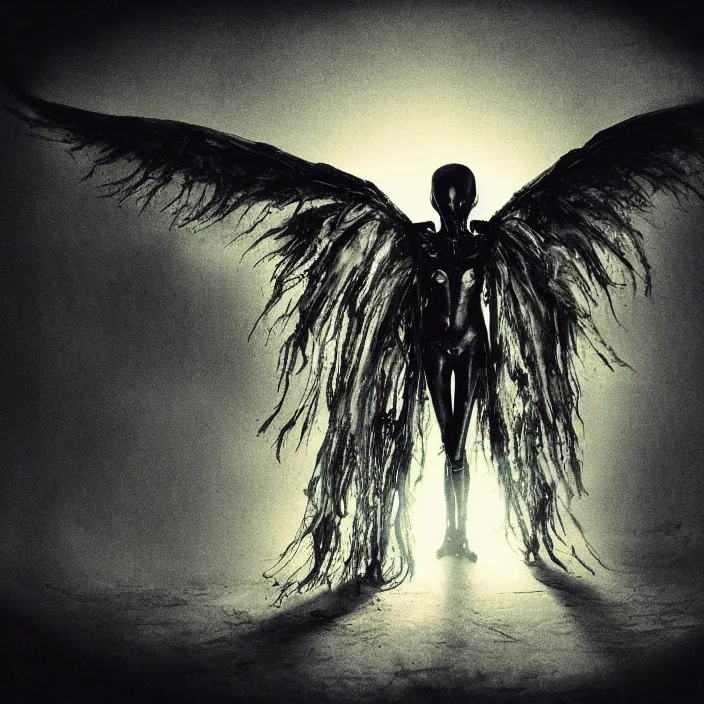 Image similar to a dark artistic photo of an alien creature with crazy wings, liminal eerie midnight backlit, big budget horror, a polaroid photo, bleeding decaying colors!