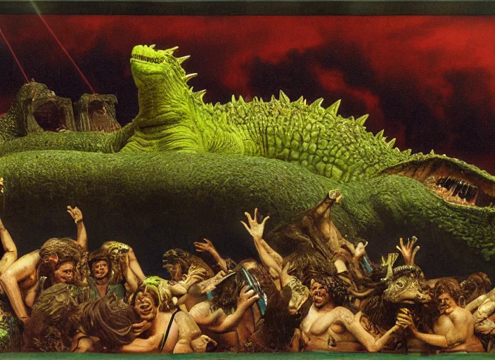 Image similar to photo of wet slimy godzilla attacking the raft of the medusa, by lawrance alma - tadema by roger corman by richard corben by rick baker, fujifilm velvia 5 0. masterpiece, intricate, hyper realism, high detail, octane render, unreal engine, 8 k