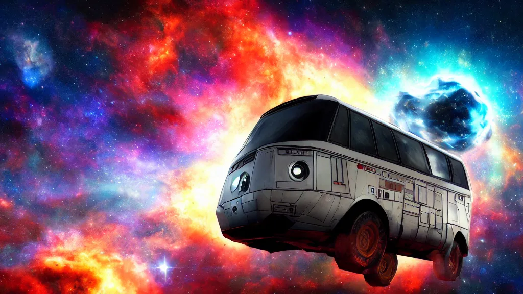 Prompt: a photorealistic picture of a space van flying in front of a nebula, shiny metal, graffiti on the side, epic, star wars style, porthole windows everywhere, 4 k hd wallpaper, premium prints available, hyper realistic, legendary, trending on artstation