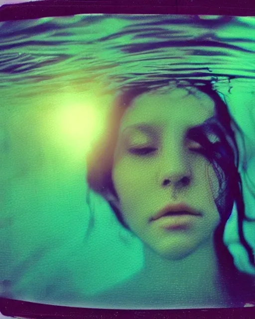 Prompt: a woman's face in the water, jellyfish, serene emotion, polaroid, glitched, hazy, green, blue, purple, soft lighting, sun rays