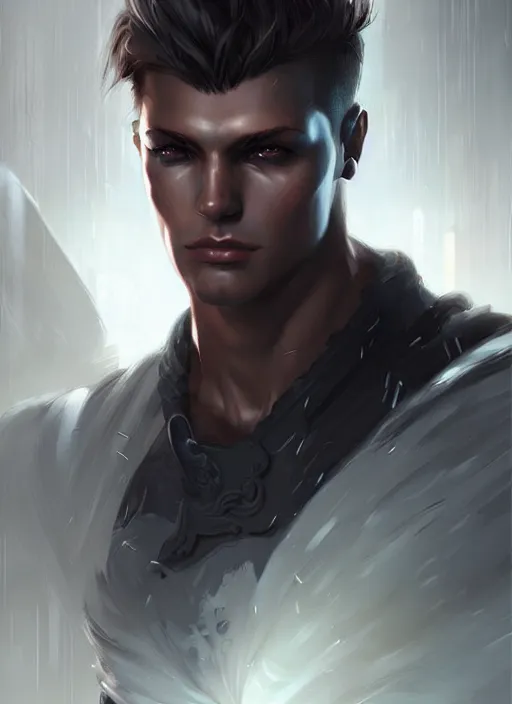 Image similar to « a portrait of a muscular cyberpunk male warrior, a digital painting by charlie bowater, featured on cgsociety, fantasy art, behance hd, wiccan, artstation hd »