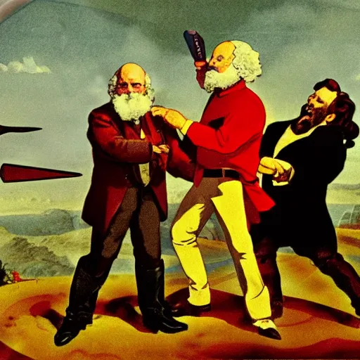 Prompt: Karl Marx sword duel with Capitalist Caillou, epic landscape background, 4K