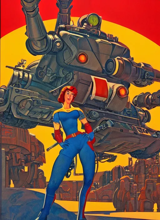 Image similar to soviet propaganda poster. cyberpunk mecha tank. portrait by jean giraud and anton otto fischer and john philip falter and will eisner and gil elvgren and pixar. realistic proportions. character art. science fiction d & d. tf 2, overwatch, rb 6 s, cyberpunk 2 0 7 7, blade runner 2 0 4 9.