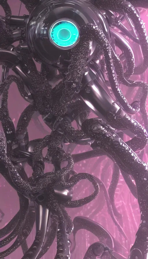 Prompt: a single bio mechanical tentacle, robotic but also organic, made up of lots of small parts, wet, shiny, horror, clinical, cyberpunk, vaporwave, futuristic, octane render, 8k, hyper realistic, super detailed