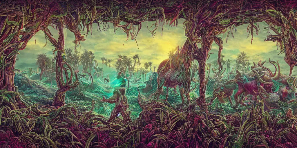 Image similar to hyper realistic coachella stage in the style of a mastodon album cover, highly detailed, intricate, digital painting, artstation, 3 5 mm film grain