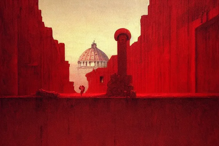 Image similar to only with red, caesar after war, a red tiger, in hoc signo vinces, rome in background, an ancient path, in the style of beksinski, part by hopper, part by rodcenko, part by hofbauer, intricate composition, red by caravaggio, insanely quality, highly detailed, masterpiece, red light, artstation