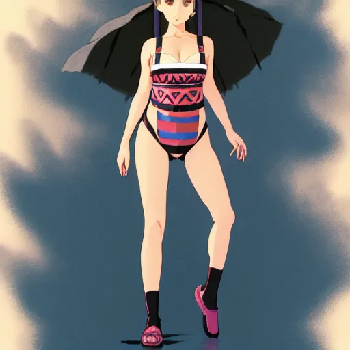 Image similar to a beautiful plus sized model japanese natalie portman, alluring plus sized model, wearing mayan leotard with overalls, street fashion hip hop style with mayan patterns, aztec street fashion, gapmoe yandere grimdark, trending on pixiv fanbox, painted by greg rutkowski makoto shinkai takashi takeuchi studio ghibli, akihiko yoshida