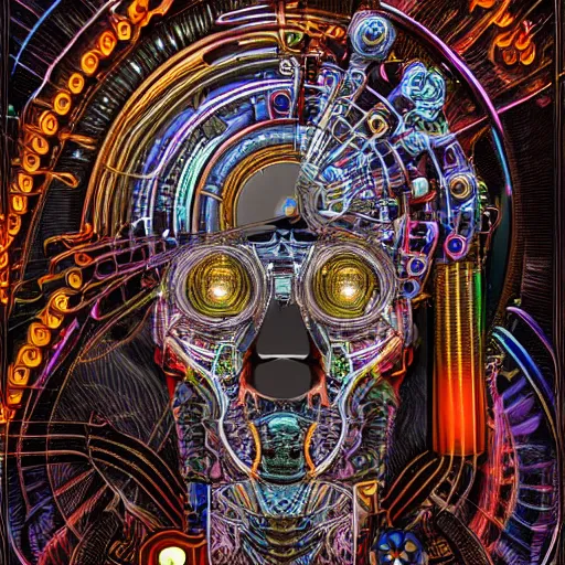 Image similar to hyperdetailed portrait of a psychedelic steampunk robot head, 8 k, symetrical, halluzinogenic, meditative, black background