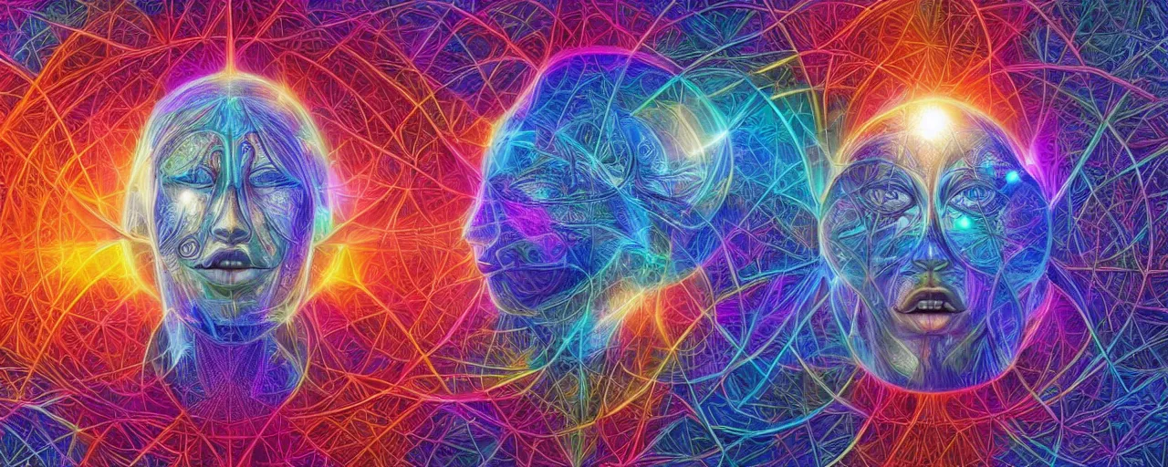 Prompt: transcendence into collaborative intelligence, endless collaboration with ai, connectedness, body, by alex grey, album cover, award winning, beautiful, colorful, volumetric lighting, trending on artstation, cinematic