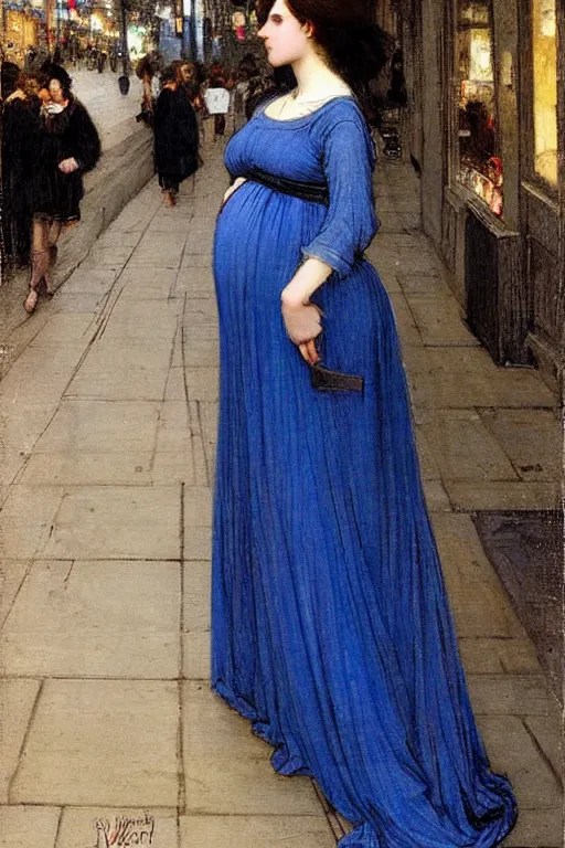 Image similar to pregnant woman in a small blue dress on night street, highly detailed, sharp focused, ultra realistic digital concept art by John William Waterhouse