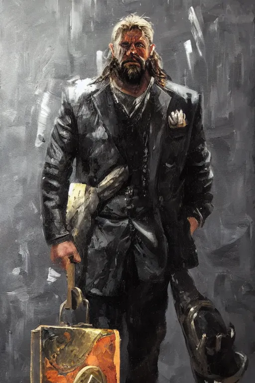 Image similar to palette knife oil painting of the norse god tyr ( one hand missing ) as a noir detective. extreme detail. artstation trending, any racial background, artgerm, deviant art, octane, substance, art history 8 k