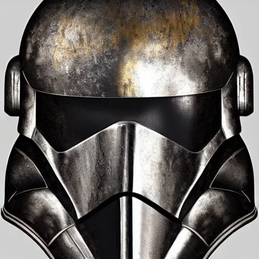 Image similar to bust portrait of a knight, high detail, silver, steel, helmet, ornate decoration, gold trim, storm trooper, tubes, pipes, valves, clock work, diffused lighting, runic etching, mandalorian, darth revan, star wars, octane, unreal 5