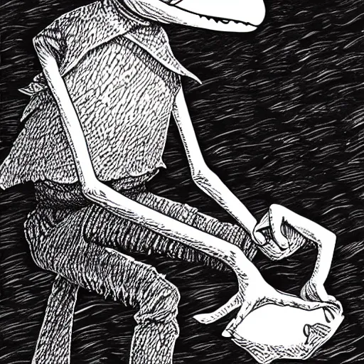 Image similar to Kermit the Frog in a manga by Junji Ito, illustration, creepy, frightening