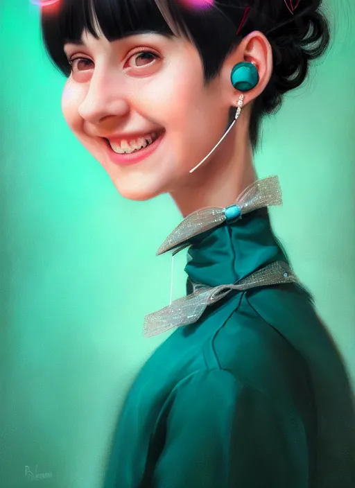 Image similar to portrait of high school girl, realistic, black hair, bangs, half updo hairstyle, pointy nose, skinny, smile, ugly, defined jawline, big chin, teal hair bow, earrings, intricate, elegant, glowing lights, highly detailed, digital painting, artstation, sharp focus, illustration, art by wlop, mars ravelo and greg rutkowski