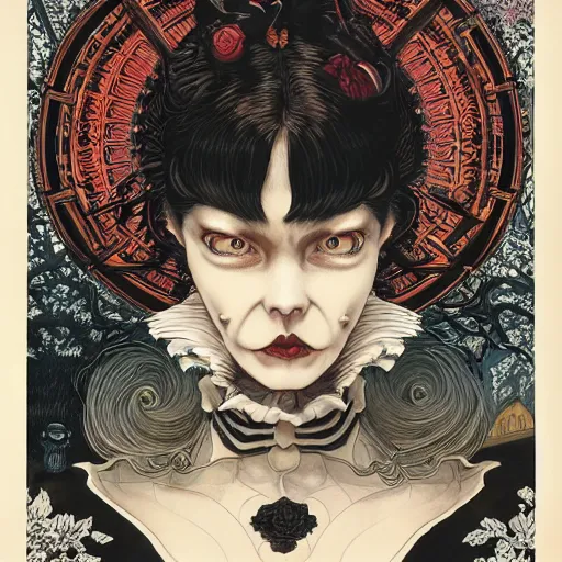 Image similar to portrait of crazy victorian girl, symmetrical, by yoichi hatakenaka, masamune shirow, josan gonzales and dan mumford, ayami kojima, takato yamamoto, barclay shaw, karol bak, yukito kishiro