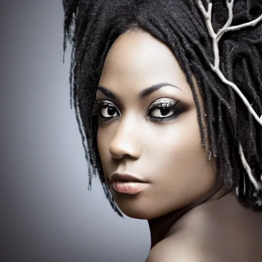 Prompt: dark moody photo of a black woman with tree branches as hair, elegant, highly detailed, smooth, sharp focus, illustration, beautiful, closeup macro photo