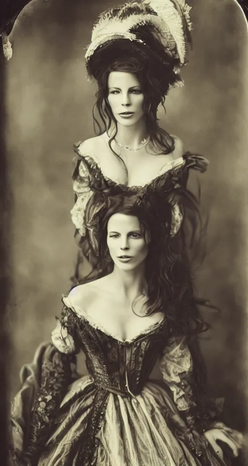 Prompt: wet plate photograph, a beautiful portrait of Kate Beckinsale dressed in victorian era clothes